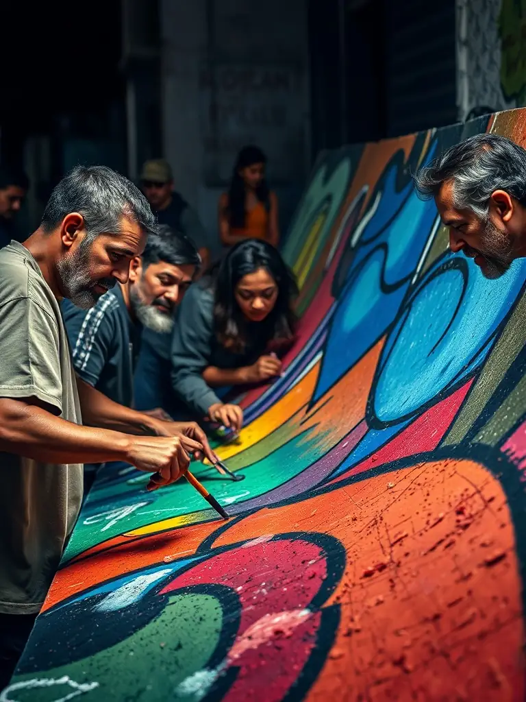A photograph capturing a diverse group of individuals participating in a public art installation, showcasing the impact of COMPAGNIE PACE's programs on community engagement and artistic expression.