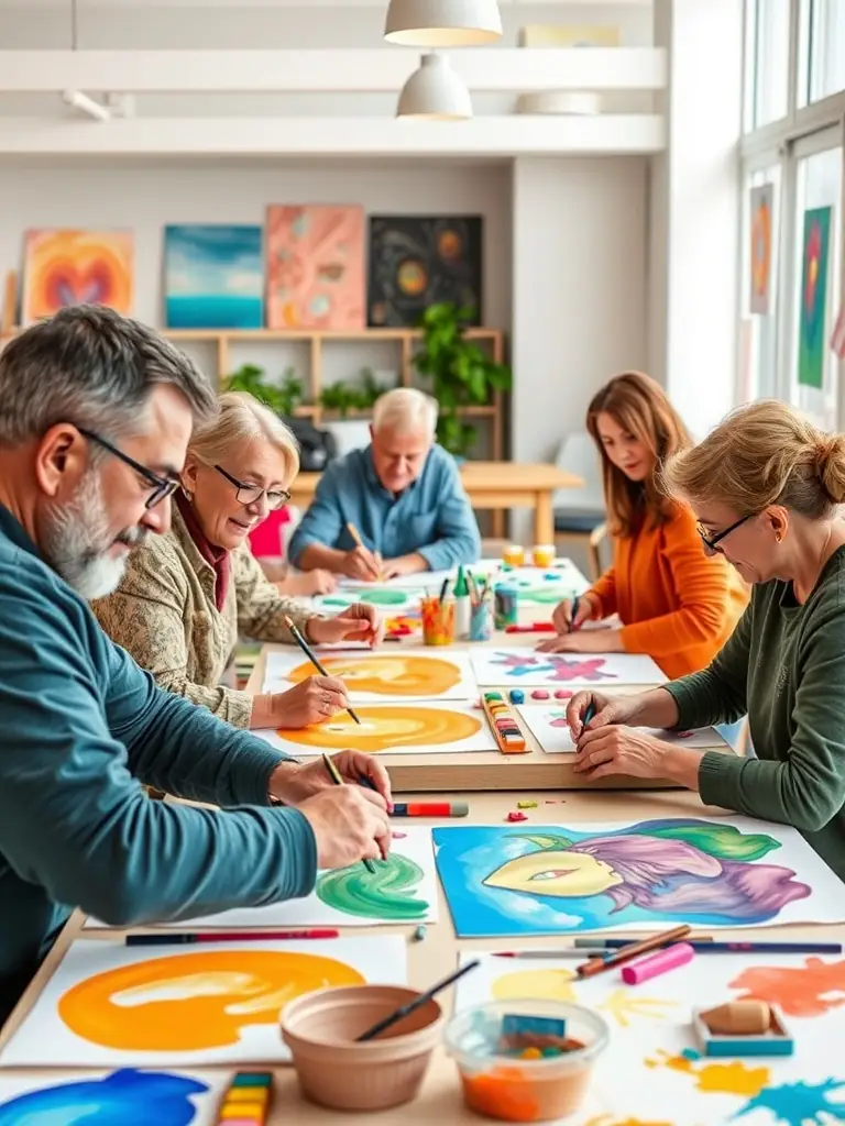 A diverse group of participants engaged in a collaborative art project during a COMPAGNIE PACE community art residency, showcasing teamwork and creative expression.