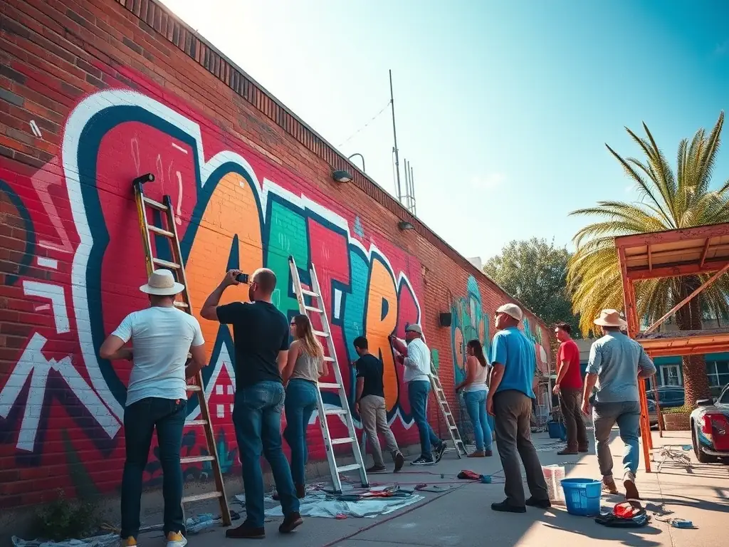 An image of artists and community members collaborating on a mural in a public space, showcasing the power of art to bring people together.