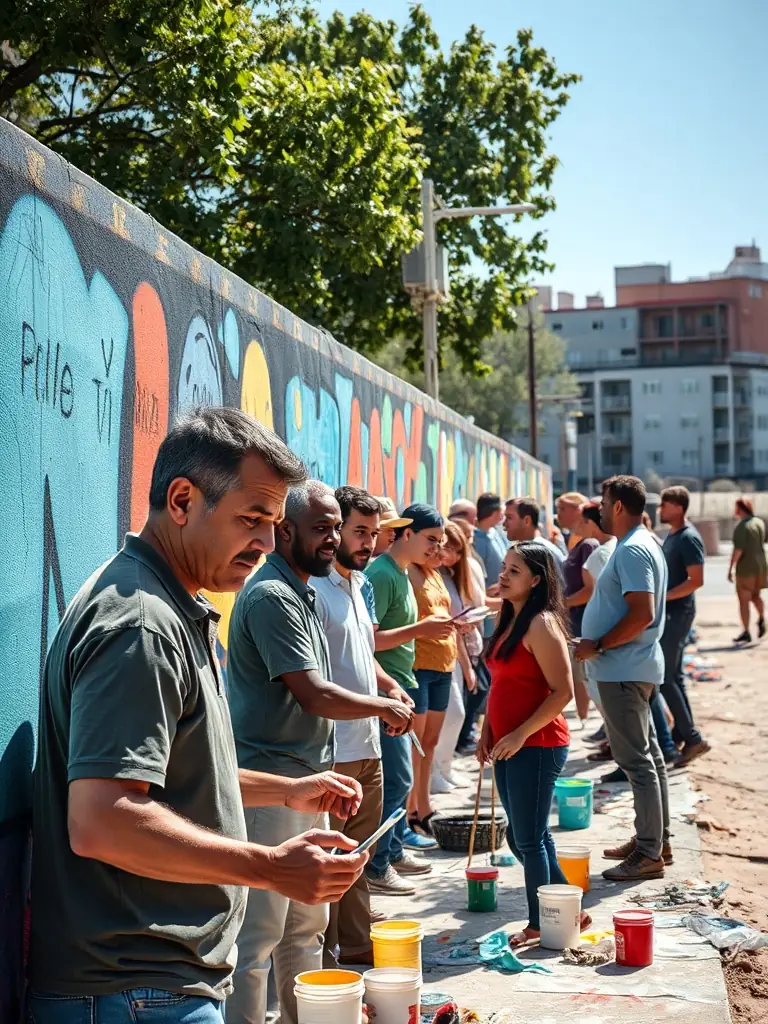 A diverse group of participants engaged in a collaborative art project during a COMPAGNIE PACE community art residency, showcasing teamwork and creative expression.