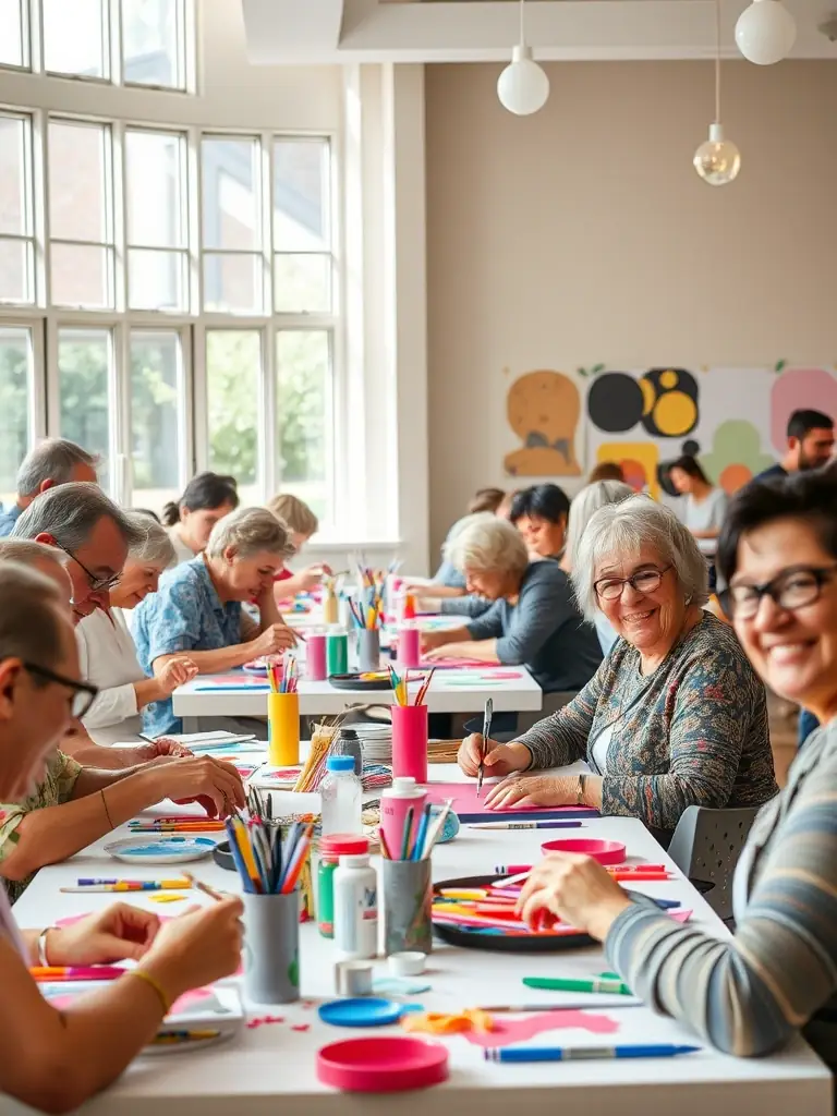 A vibrant scene from a COMPAGNIE PACE cultural emancipation workshop, with participants of all ages learning new artistic skills and expressing their creativity.