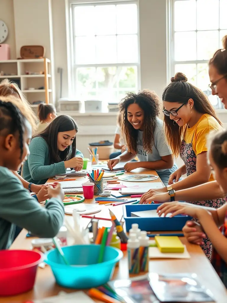 A photo of workshop participants engaged in hands-on art activities, with instructors guiding them in a well-lit studio, demonstrating the practical learning in COMPAGNIE PACE's Cultural Emancipation Workshops.