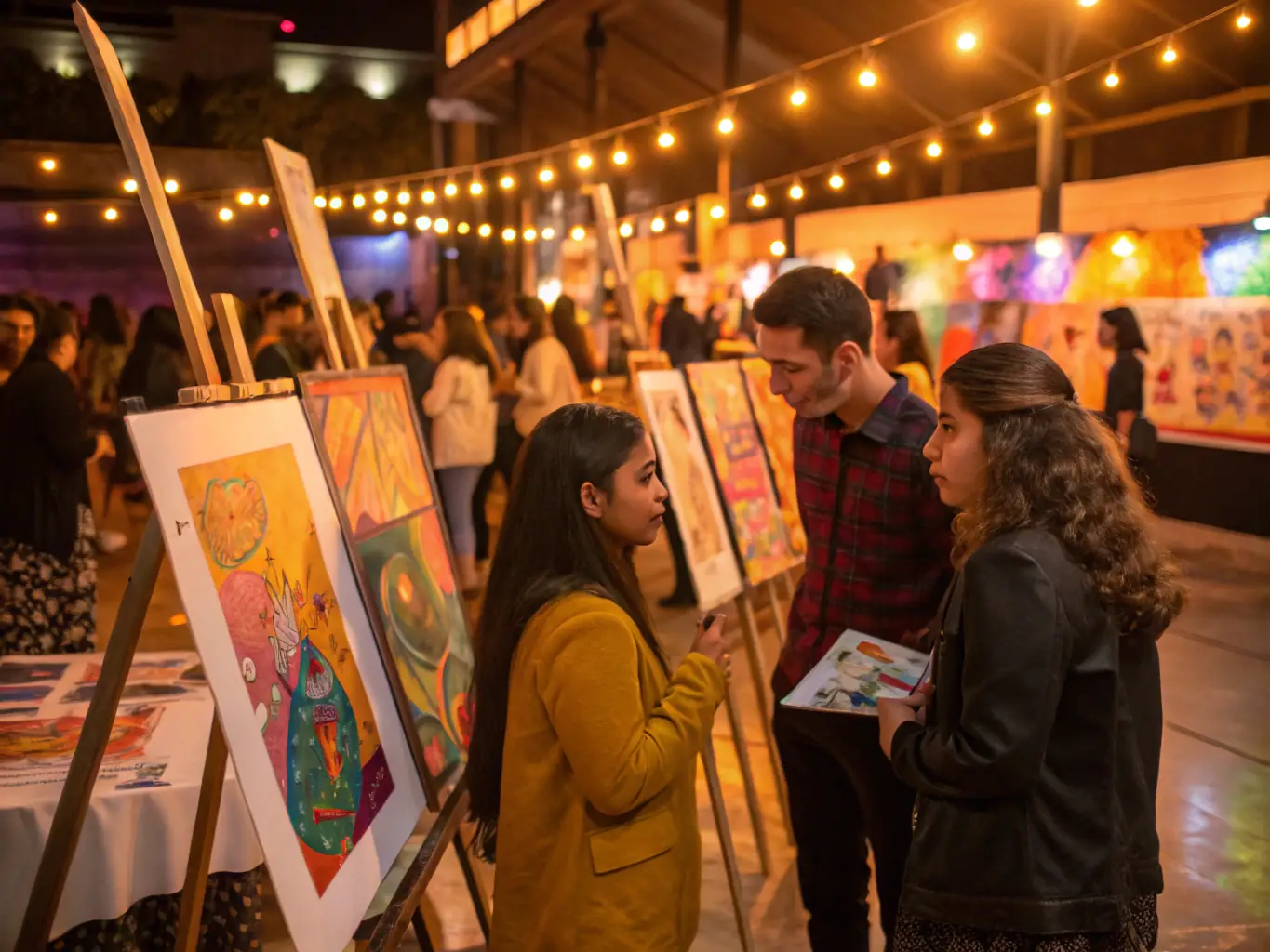 A vibrant image of a community event showcasing artwork created during a COMPAGNIE PACE program, with people of all ages enjoying the exhibition.