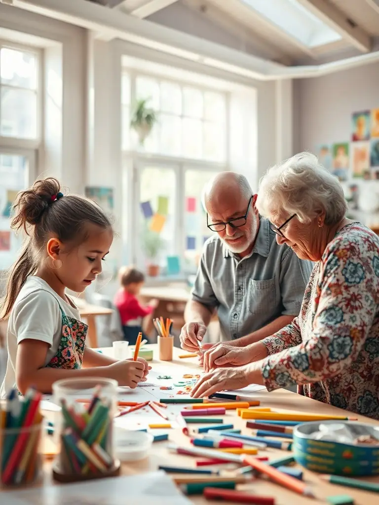 A heartwarming picture of a COMPAGNIE PACE transmission workshop, showing diverse participants of all ages working together on an art project, promoting intergenerational learning.
