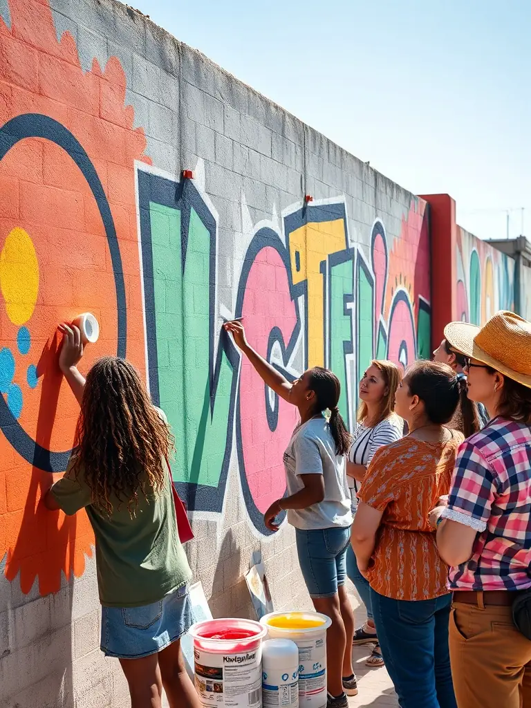 A vibrant photograph capturing participants actively engaged in a COMPAGNIE PACE community art residency, showcasing collaborative art creation and community interaction.