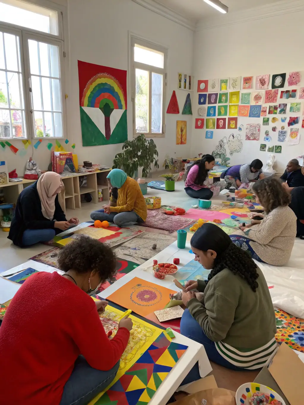 An image of artists working together in a vibrant community studio, with diverse participants engaged in creative activities, showcasing the collaborative spirit of COMPAGNIE PACE's Community Art Residencies.