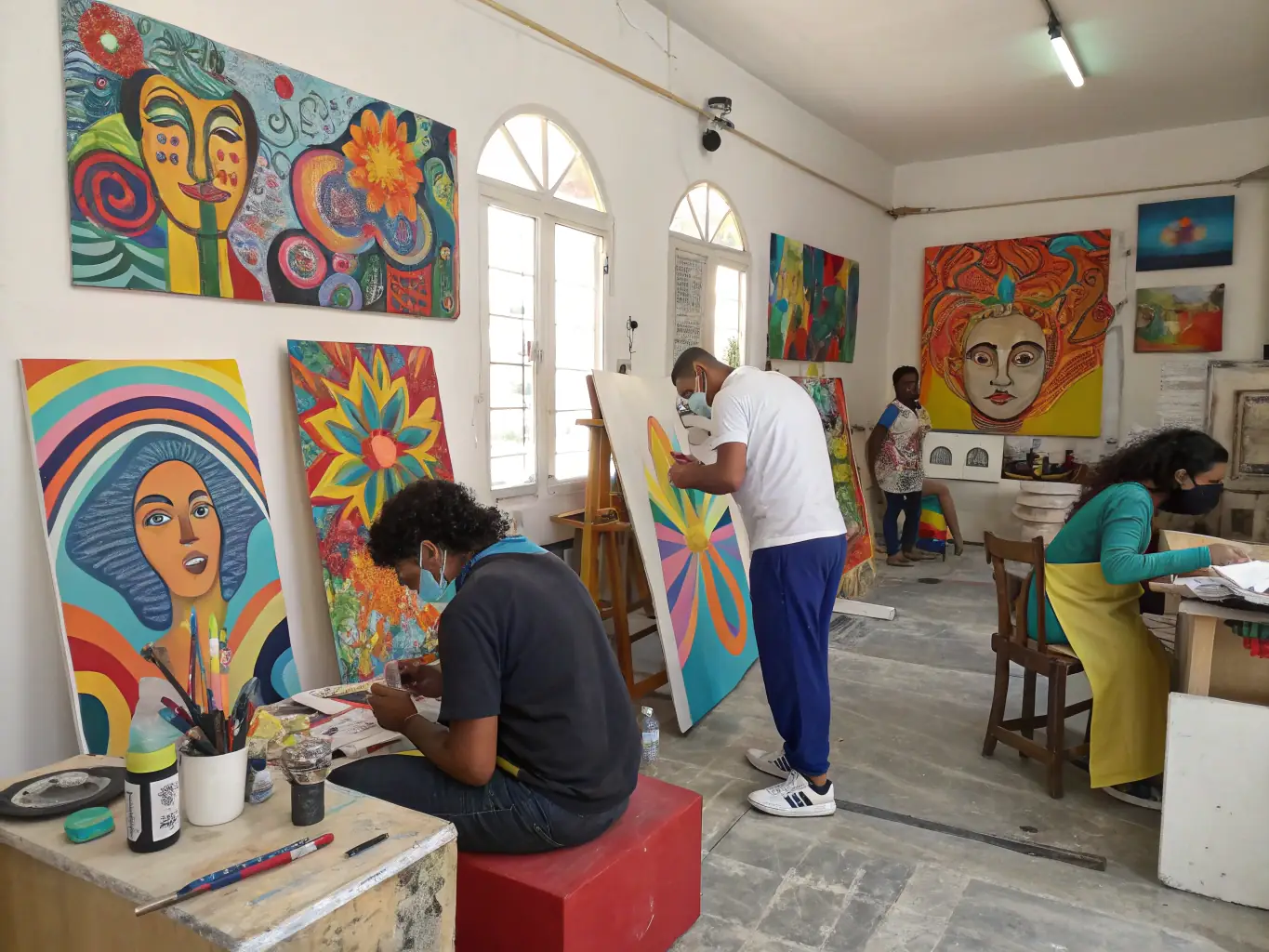 A photograph of diverse workshop participants engaged in hands-on art activities, with instructors guiding them in a well-lit studio, emphasizing inclusivity and empowerment.